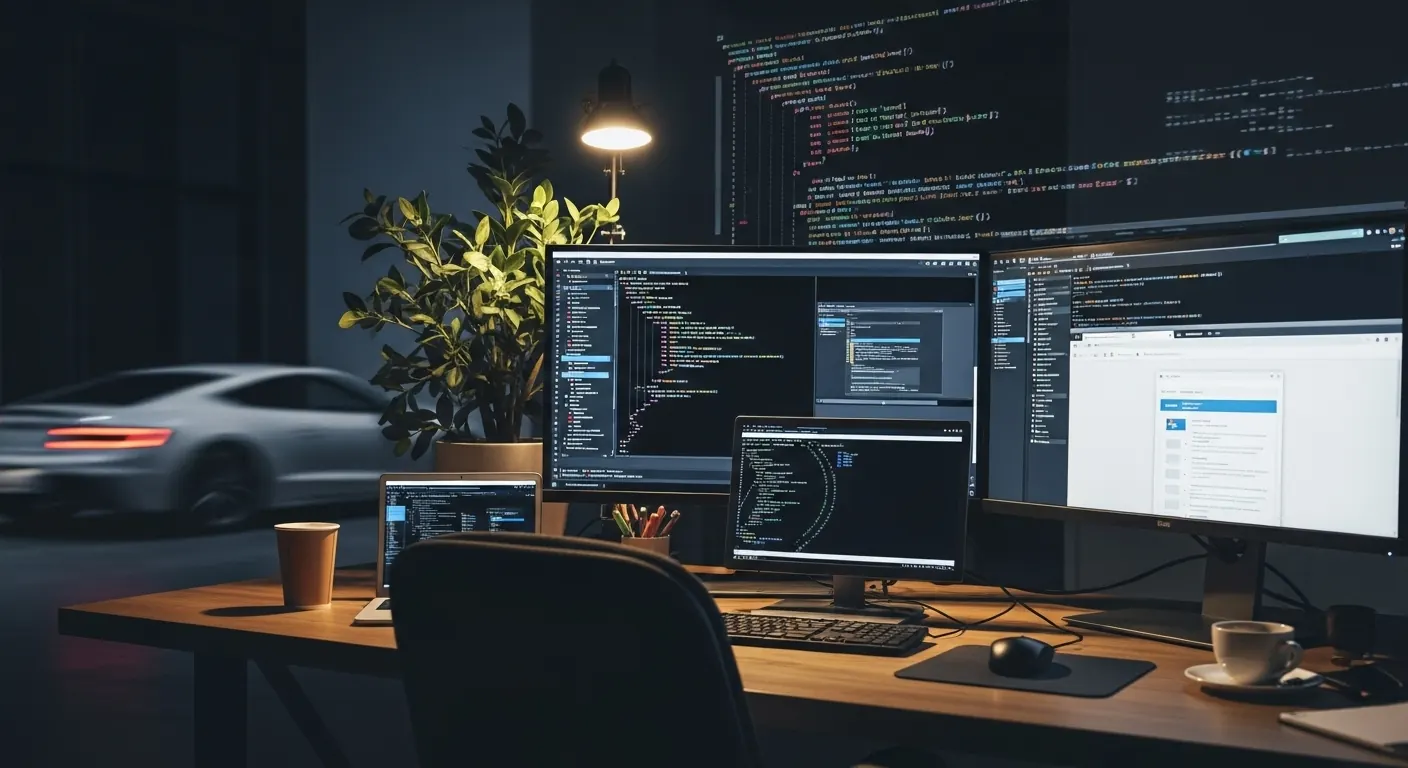 A high-resolution, photorealistic image of a futuristic, glowing Node.js logo (a green hexagon with three connected dots) at the center of a complex network of interconnected servers and data streams, symbolizing its role in backend development and scalability. The background should be dark with subtle blue and green light trails, suggesting data flow and technology. Focus on a clean, modern aesthetic.