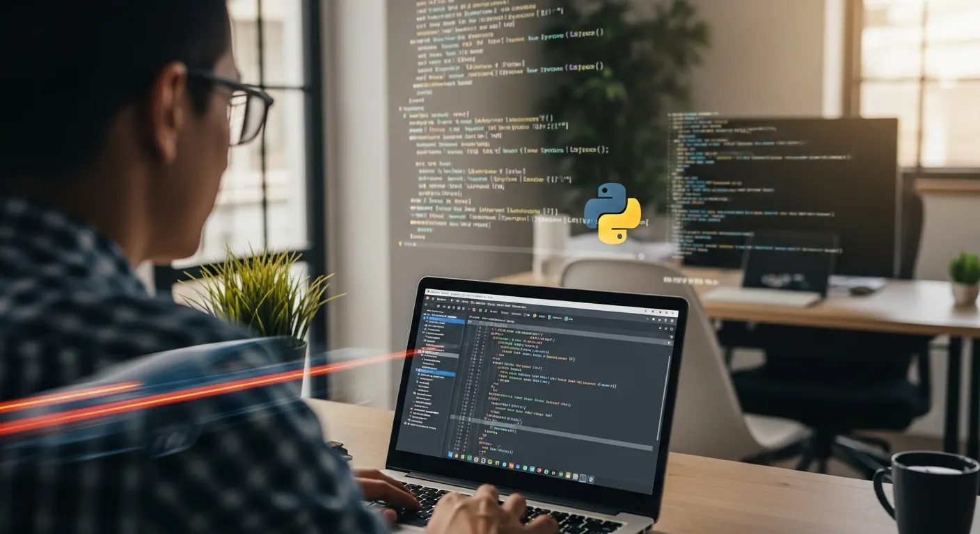 Photorealistic image of a modern, diverse business team in a bright, collaborative office environment, looking at a large digital dashboard displaying various business metrics and Python code snippets in a clean, understandable way (not overwhelming technical detail), symbolizing how Python helps businesses make smart decisions. Focus on a professional, optimistic atmosphere.