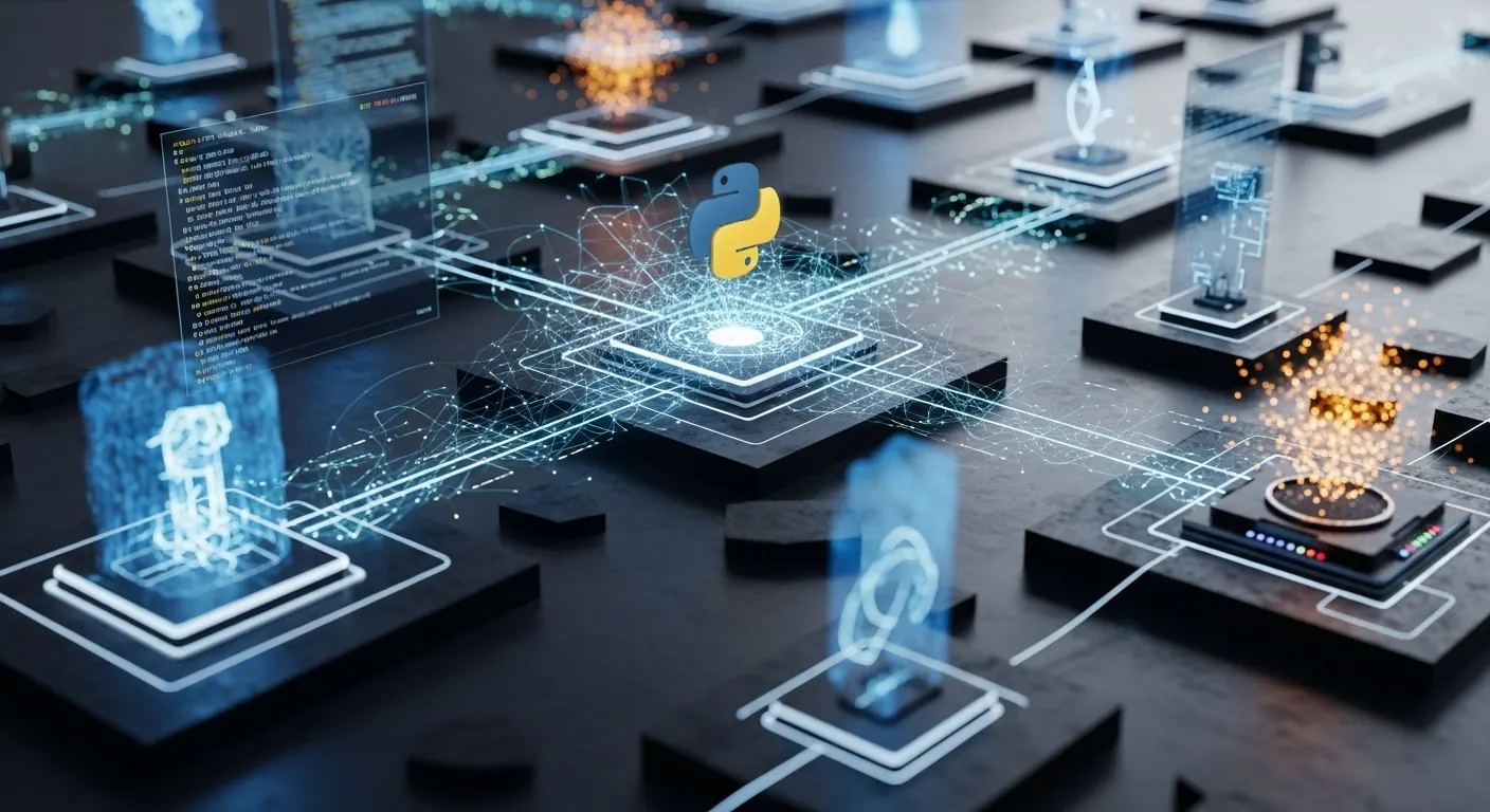 A high-angle, photorealistic shot of a sophisticated network of interconnected digital nodes and data streams, representing various business systems (CRM, ERP, Marketing Automation) seamlessly integrated. Python code snippets are subtly visible as connecting lines or energy flows between the nodes, symbolizing its role in system integration and automation. Clean, futuristic aesthetic.